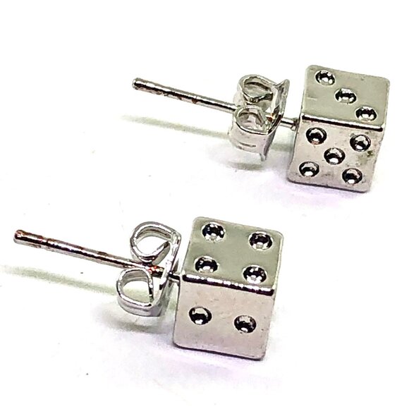 lucky dice stud earrings silver tone casino vegas game novelty fun retro kitsch - Picture 3 of 5
